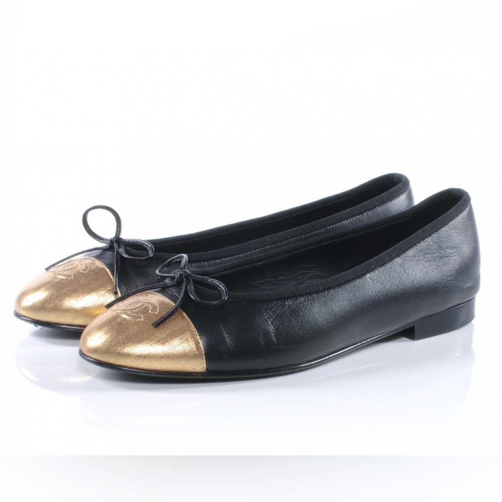 CHANEL Black and Gold Ballet Flats